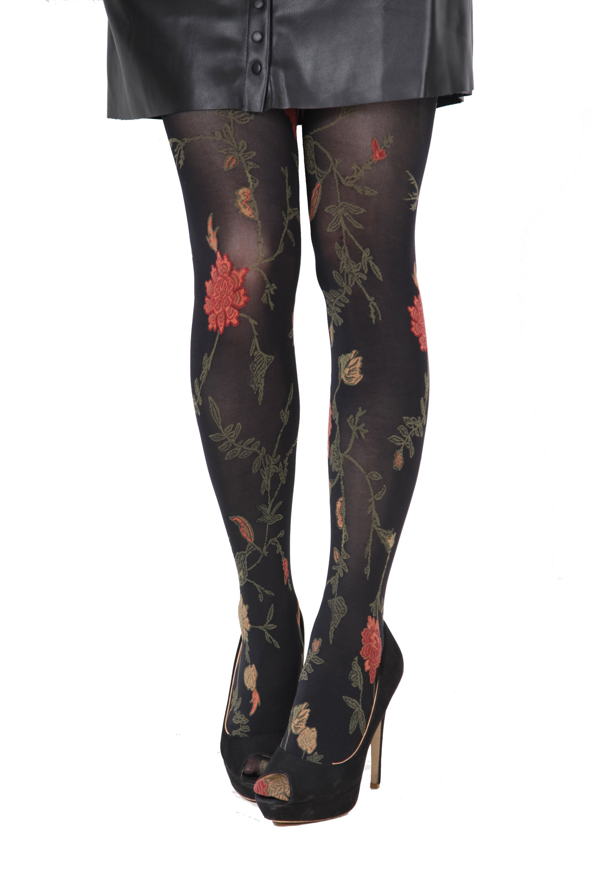 A pair of elegant black women's tights featuring beautiful rose designs, perfect for stylish everyday wear.