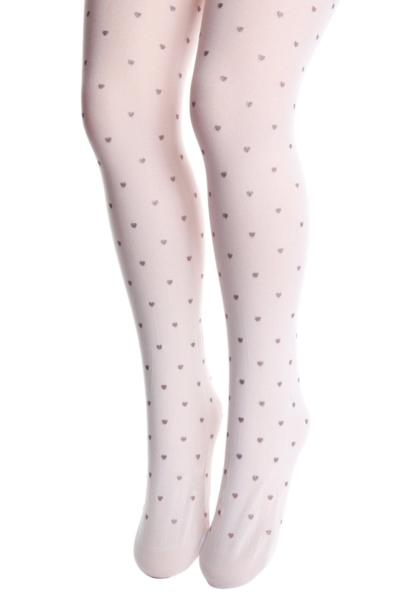 JOLIE white tights for children featuring a shiny heart pattern, made from 100% polyamide, perfect for stylish and comfortable wear.