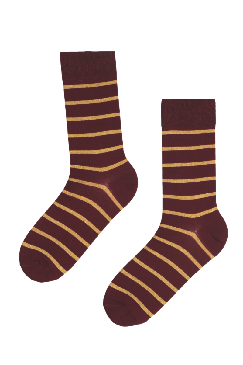 JOONAS burgundy striped suit socks featuring golden stripes, made from mercerized cotton for durability and comfort.