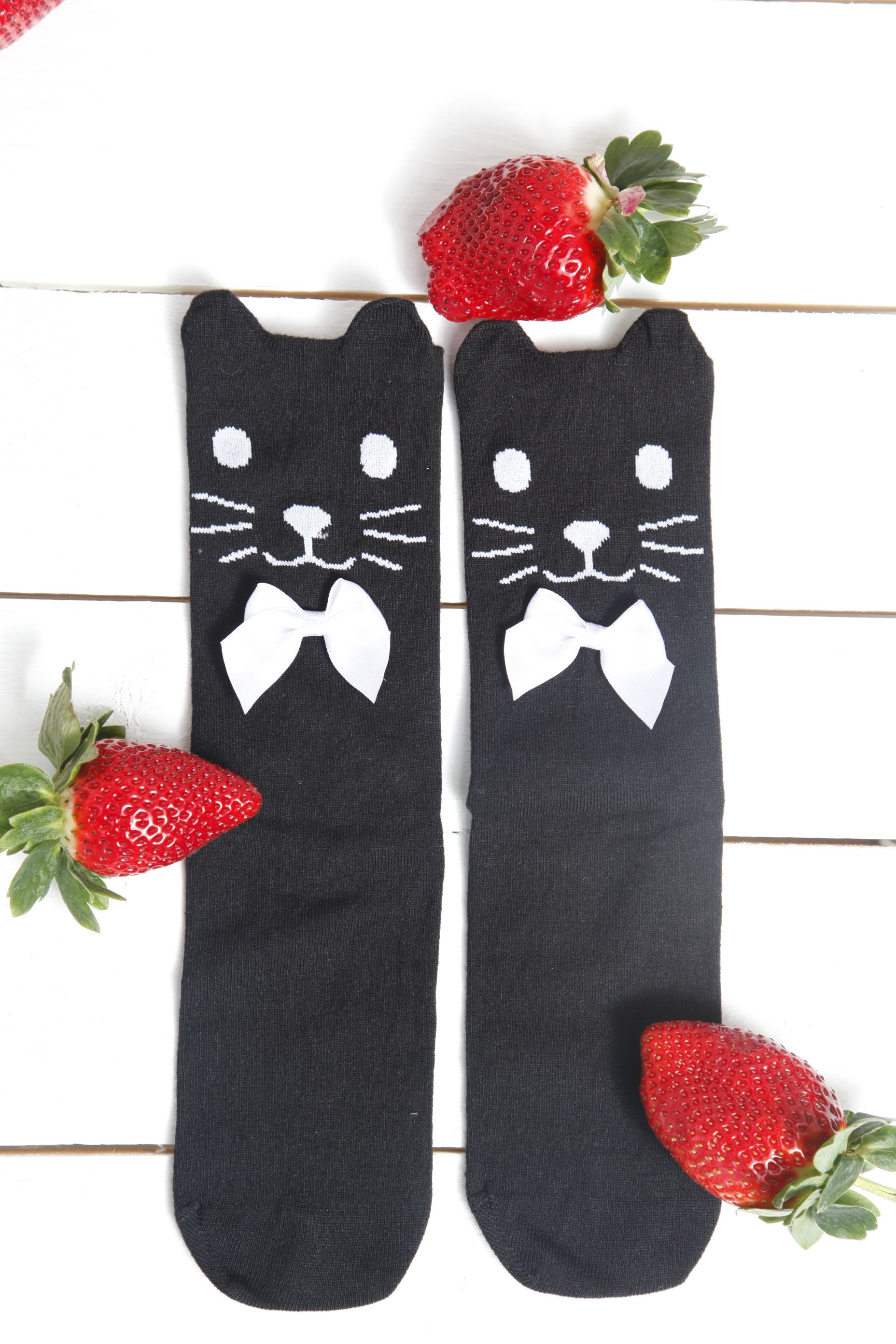 KITKAT women's socks featuring a cute cat design with ears and white satin bows, made from soft viscose material in black color.