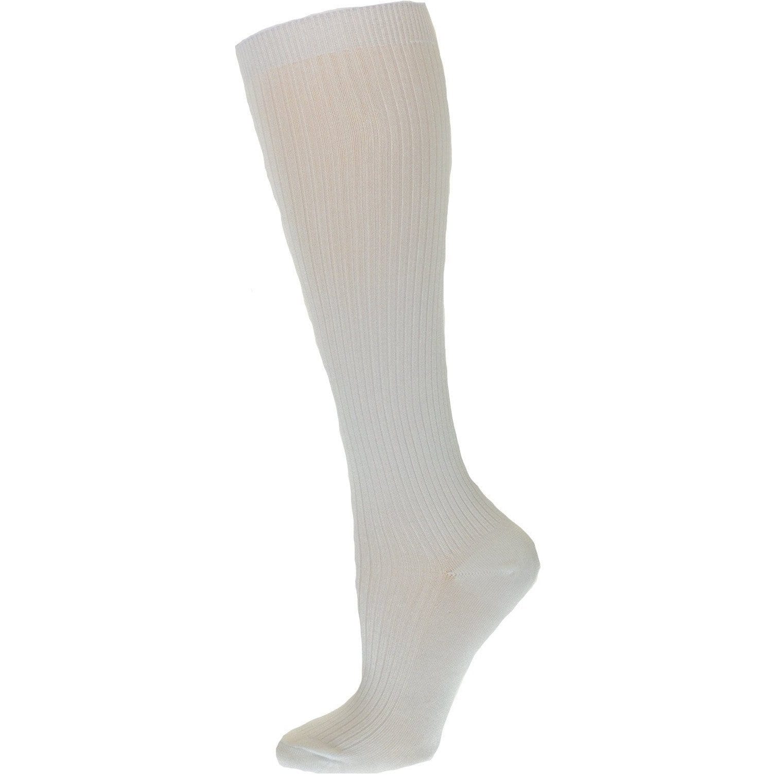 A pair of knee high women's bamboo ribbed socks in a stylish design, showcasing their soft texture and ribbed elastic top.