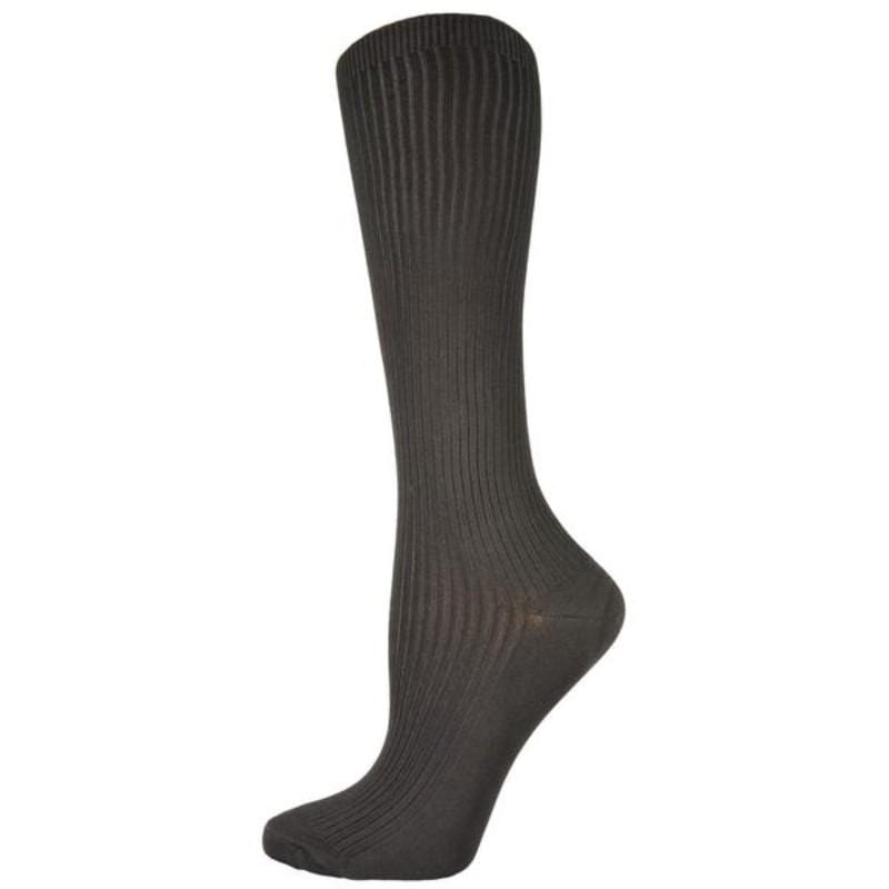 A pair of knee high women's bamboo ribbed socks in a stylish design, showcasing their soft texture and ribbed elastic top.