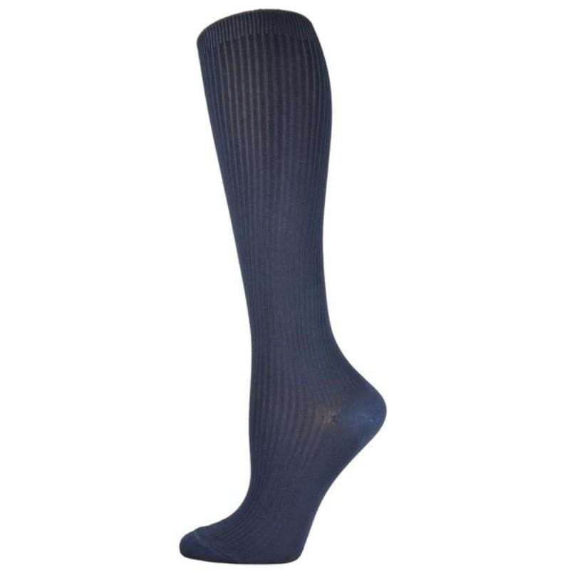 A pair of knee high women's bamboo ribbed socks in a stylish design, showcasing their soft texture and ribbed elastic top.