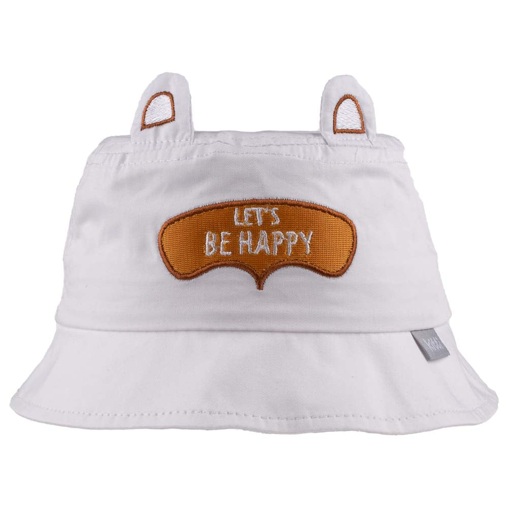 A white baby bucket hat with an adorable 'Let's Be Happy' appliqué, designed for children aged 1-3 years.