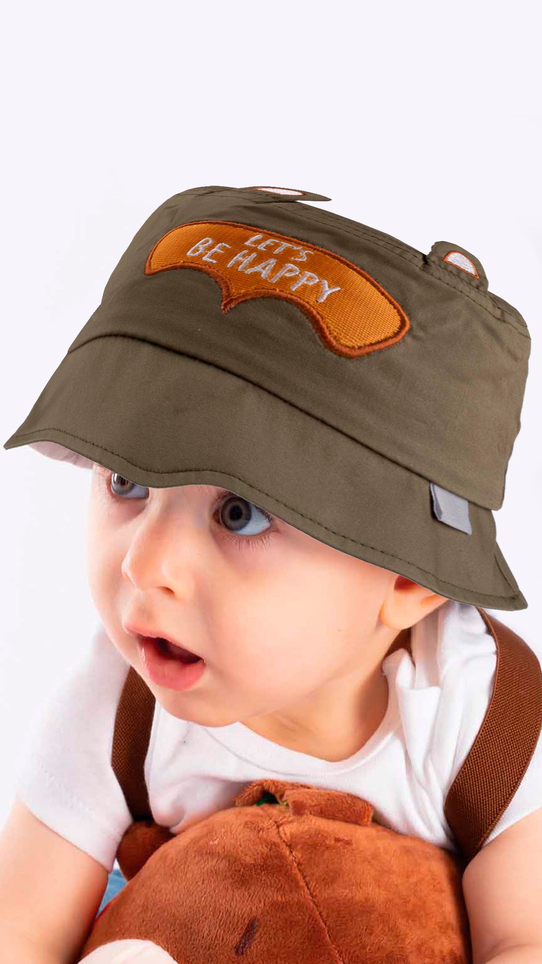 A white baby bucket hat with an adorable 'Let's Be Happy' appliqué, designed for children aged 1-3 years.