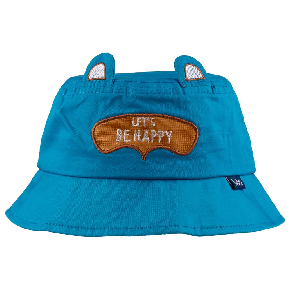 A white baby bucket hat with an adorable 'Let's Be Happy' appliqué, designed for children aged 1-3 years.