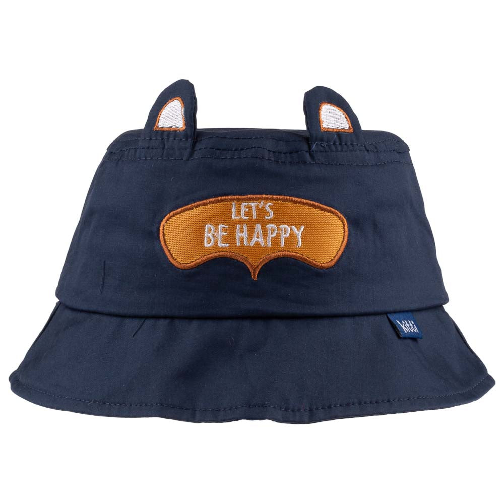 A white baby bucket hat with an adorable 'Let's Be Happy' appliqué, designed for children aged 1-3 years.