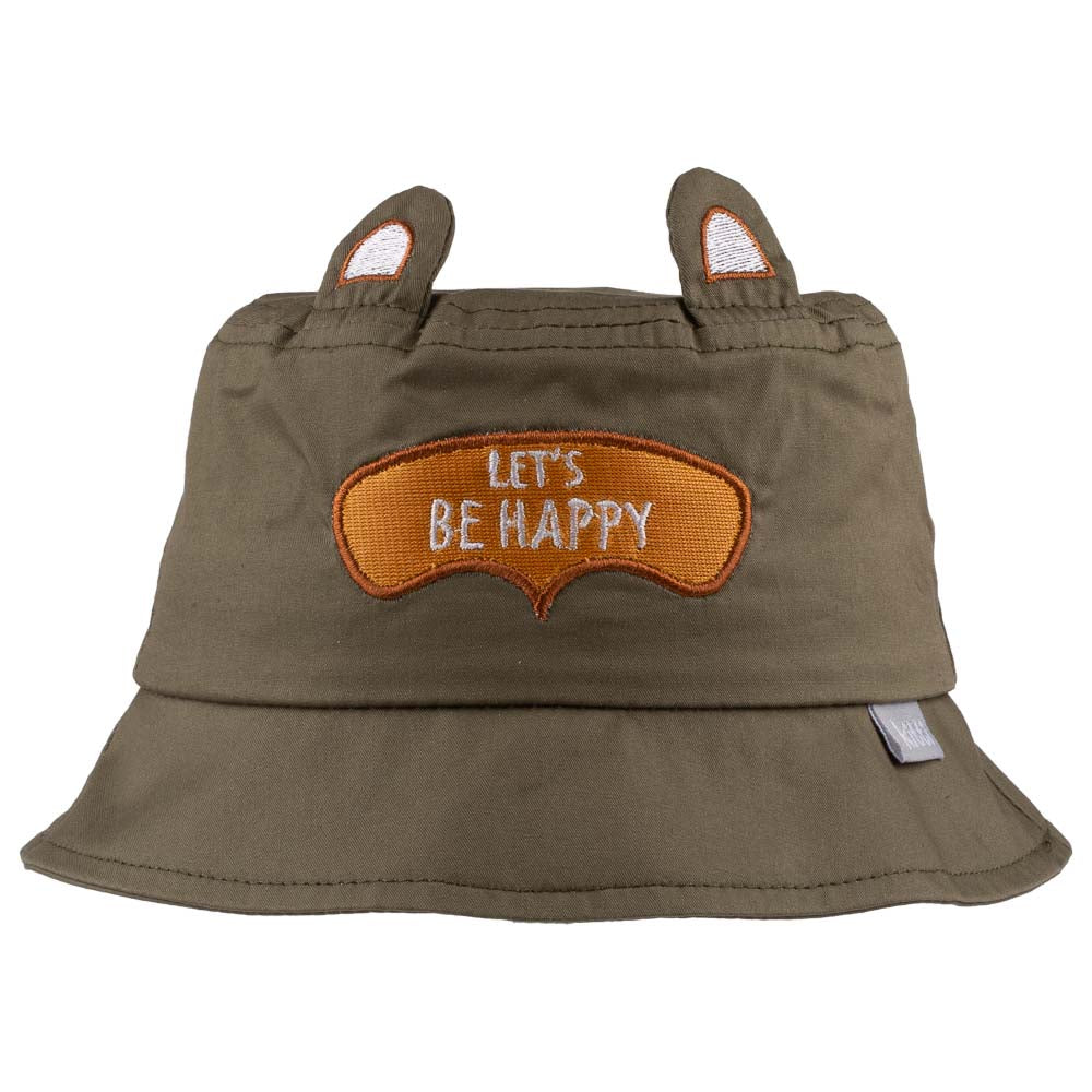 A white baby bucket hat with an adorable 'Let's Be Happy' appliqué, designed for children aged 1-3 years.