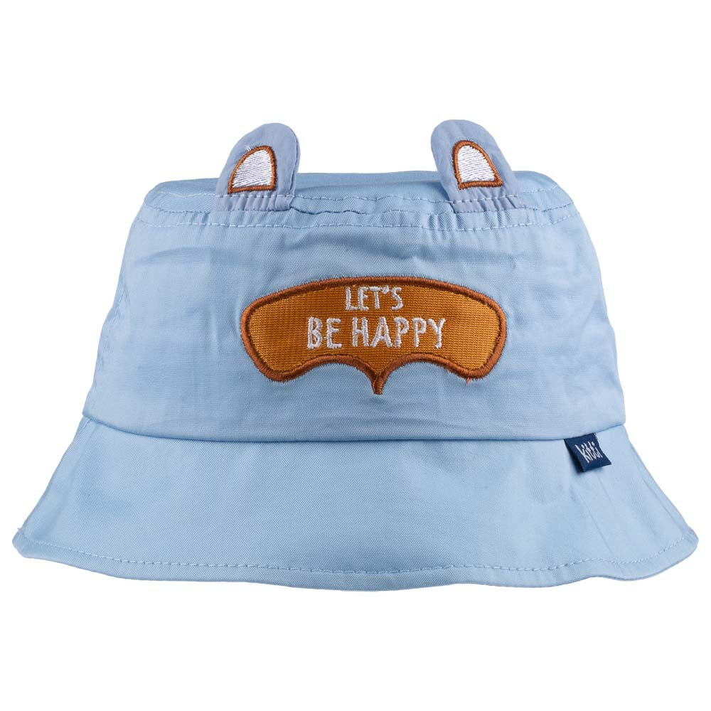 A white baby bucket hat with an adorable 'Let's Be Happy' appliqué, designed for children aged 1-3 years.