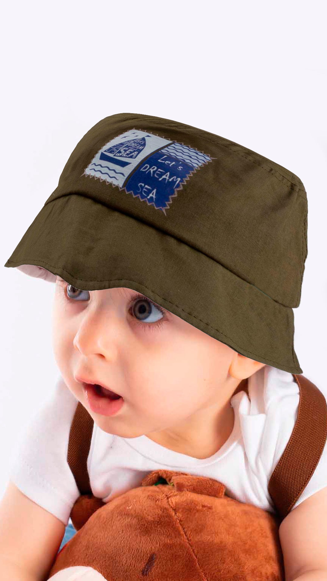 A stylish blue baby fedora hat with 'Let's Dream Sea' applique, designed for children aged 1-3 years, made from soft cotton and polyester blend.