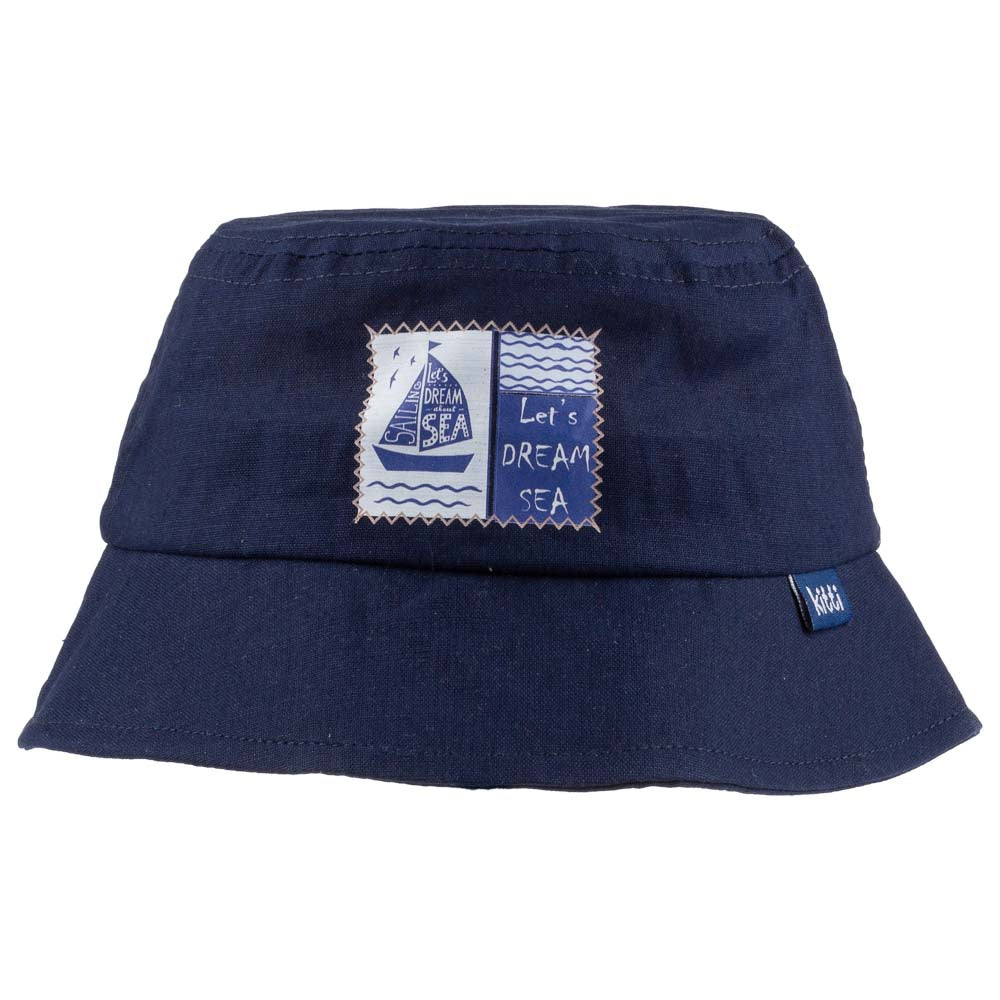 A stylish blue baby fedora hat with 'Let's Dream Sea' applique, designed for children aged 1-3 years, made from soft cotton and polyester blend.