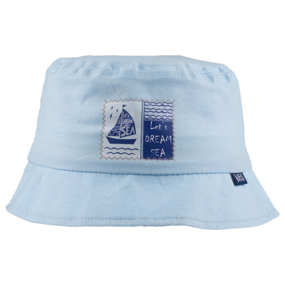 A stylish blue baby fedora hat with 'Let's Dream Sea' applique, designed for children aged 1-3 years, made from soft cotton and polyester blend.