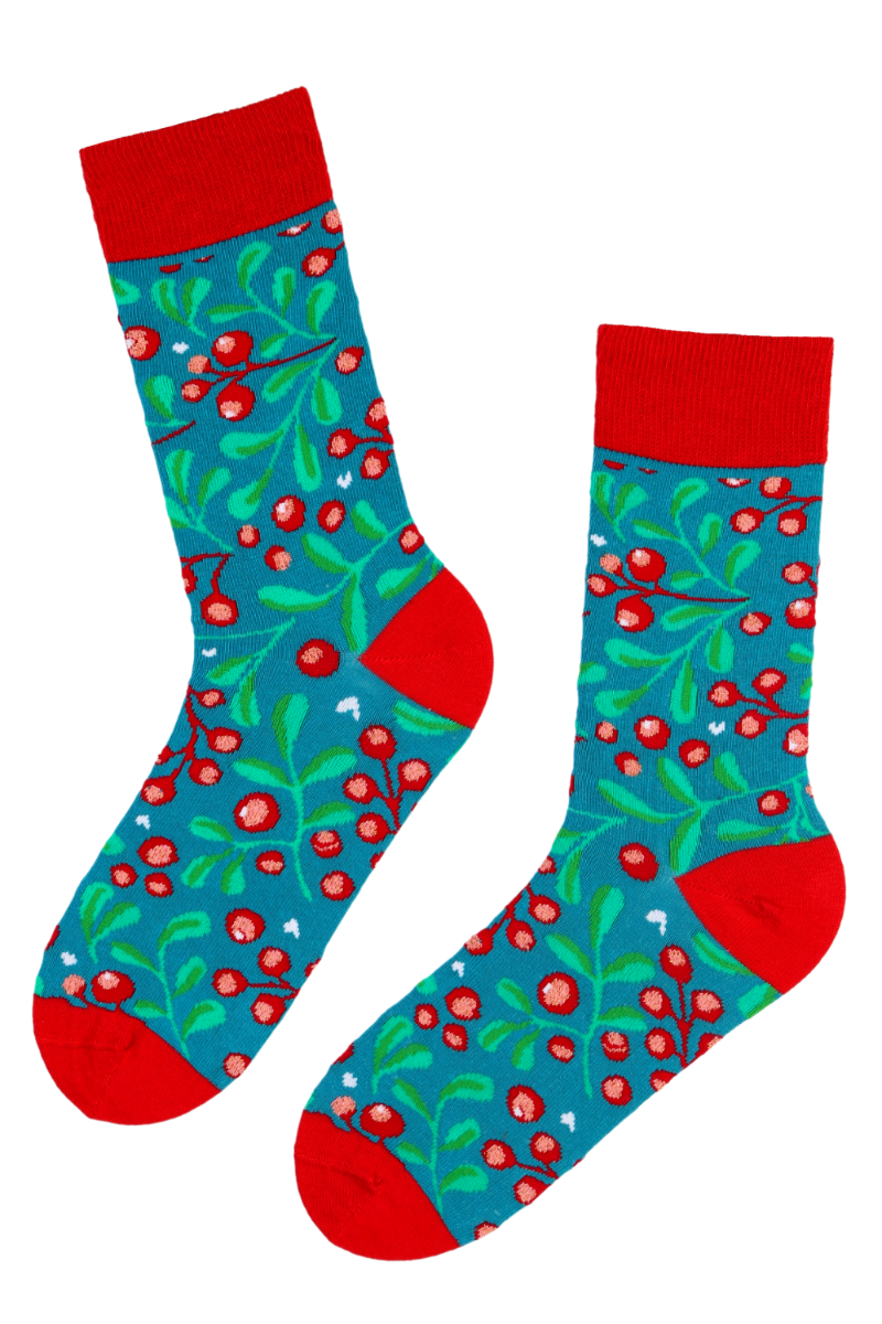 A pair of blue cotton socks adorned with sparkling cowberries, showcasing a vibrant and stylish design suitable for both men and women.