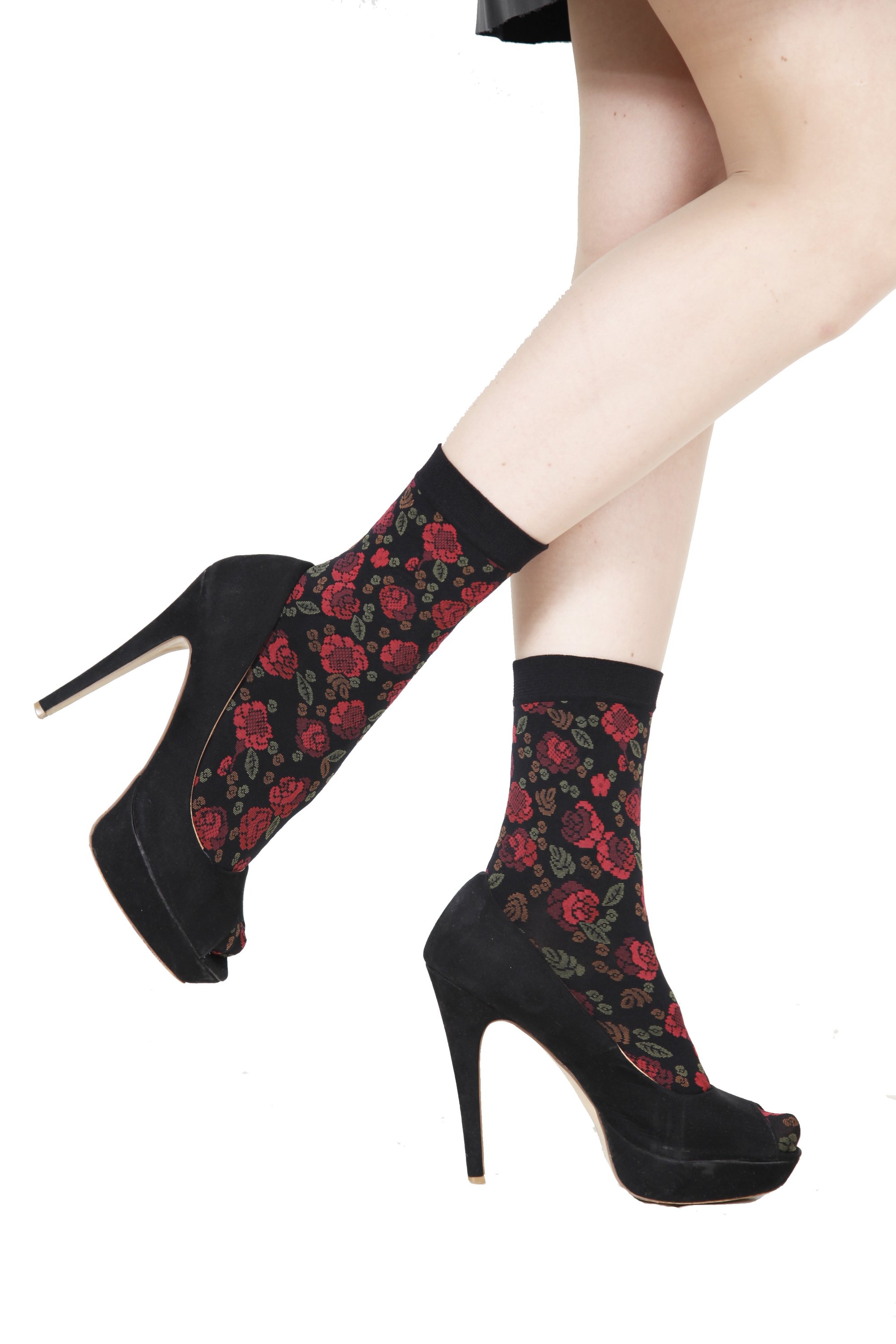 LISETTE red 60 DENIER women's socks featuring large rose designs, perfect for stylish everyday wear.