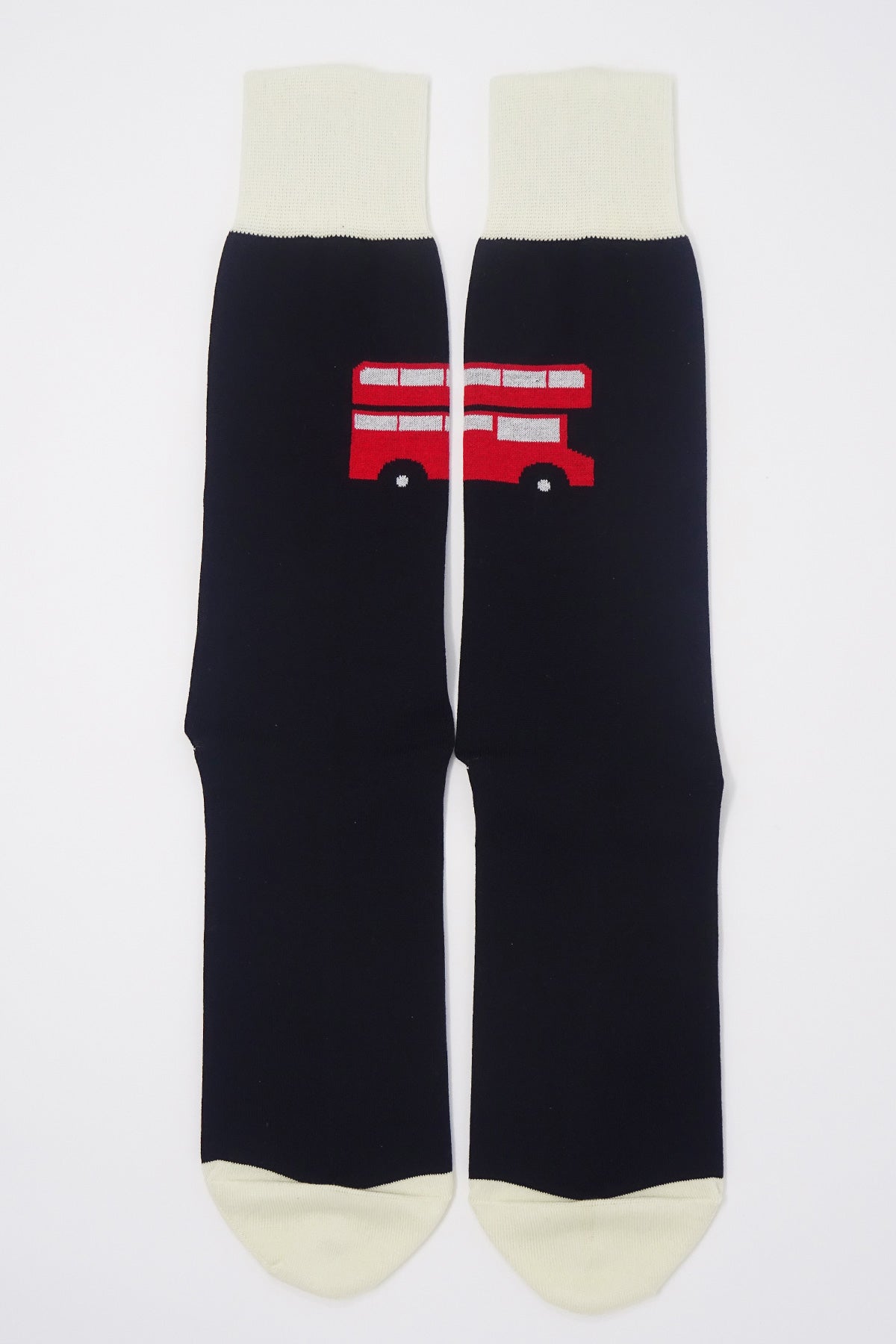 Luxury black men's socks featuring an iconic London red bus design, crafted from Mercerised Egyptian cotton.