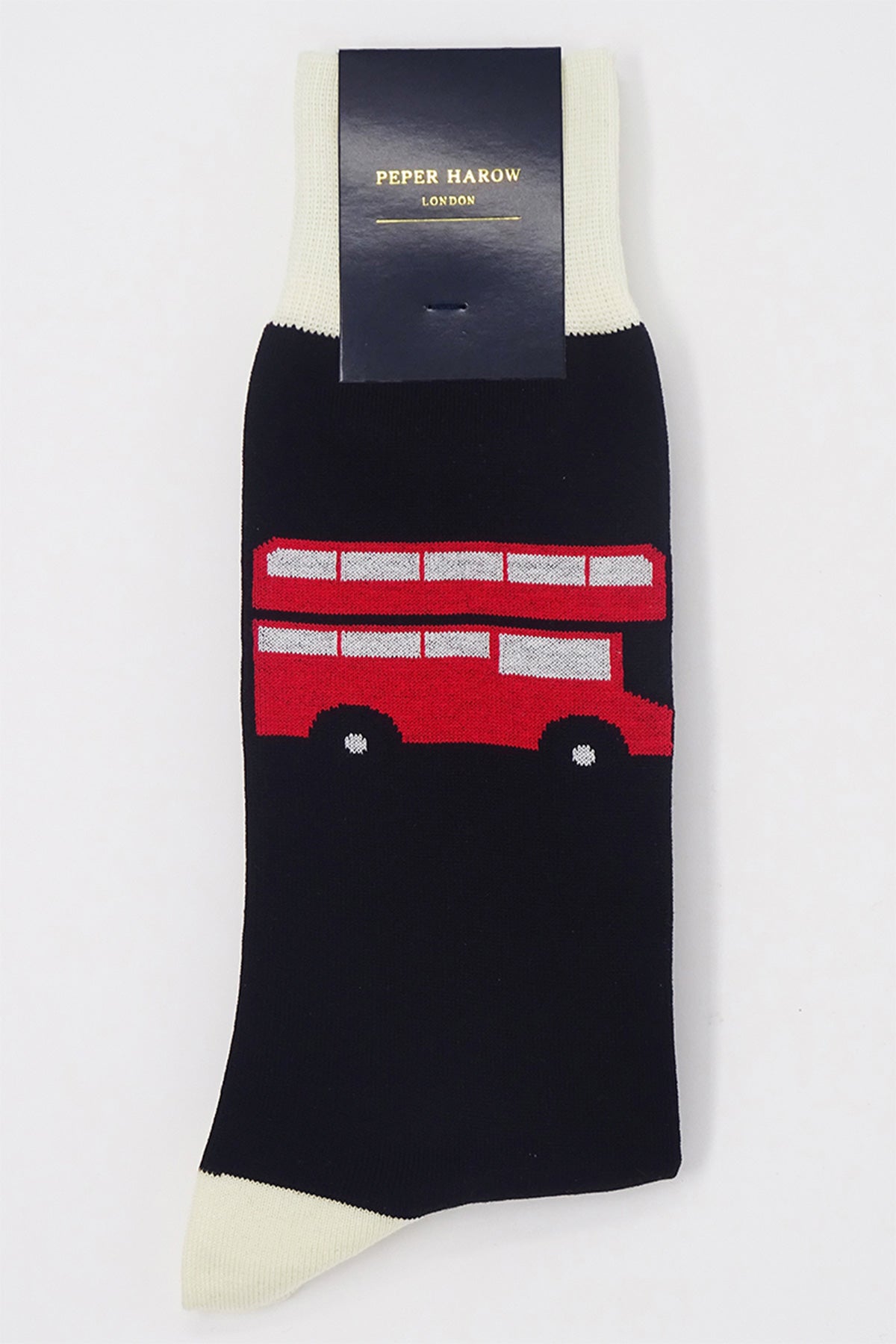 Luxury black men's socks featuring an iconic London red bus design, crafted from Mercerised Egyptian cotton.