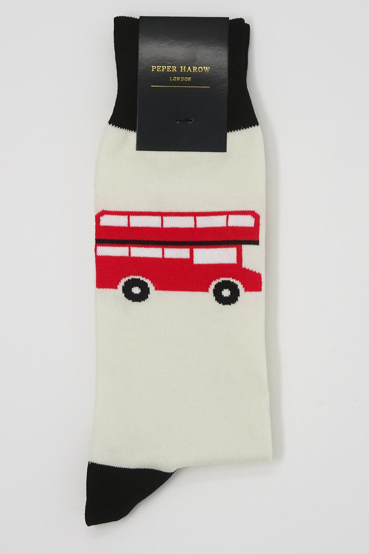 Cream men's socks featuring an iconic London red bus design, showcasing luxury and style.