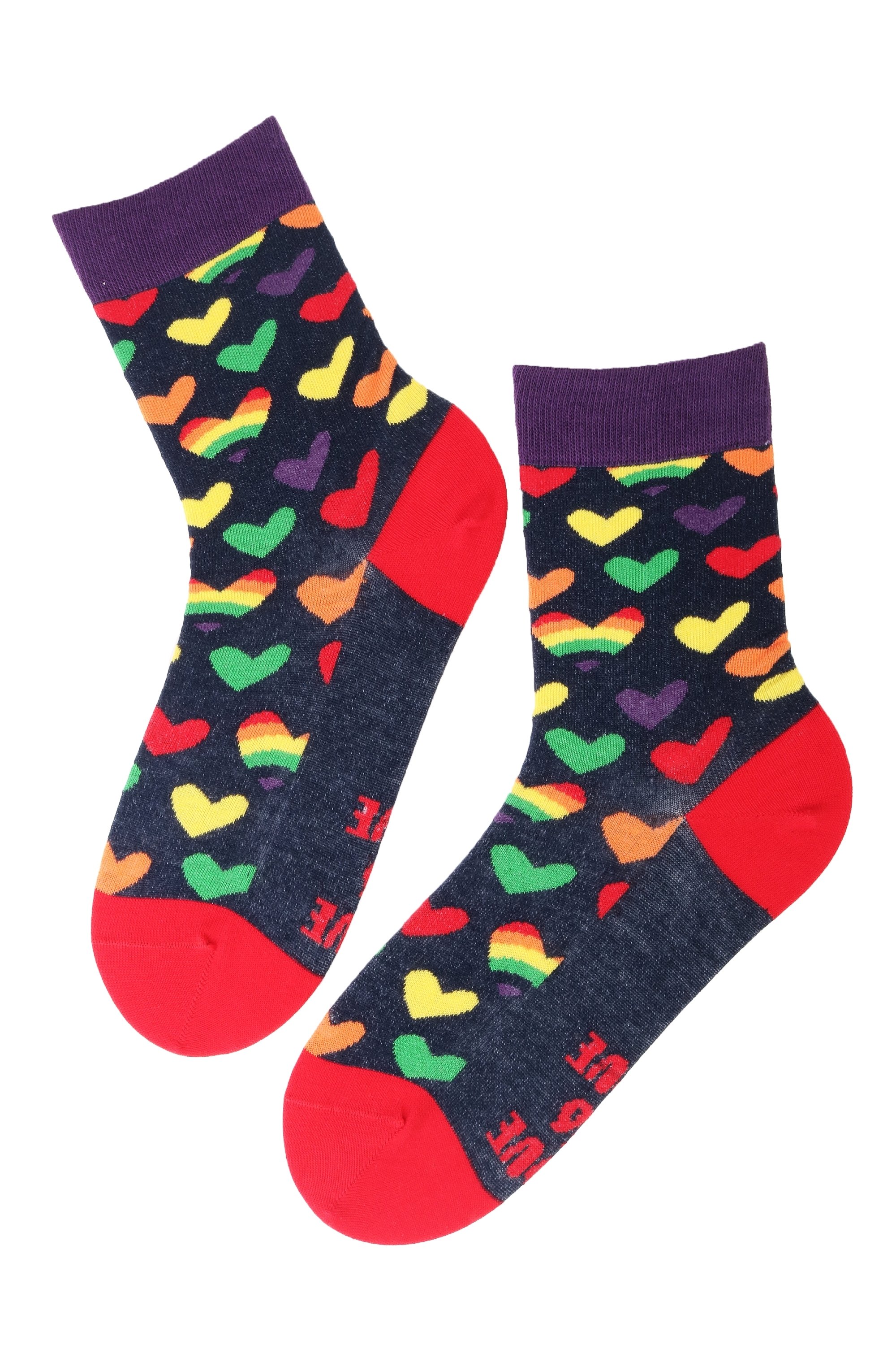 Colorful LOVE cotton socks featuring rainbow hearts and 'Love is Love' message under the soles, suitable for men and women.