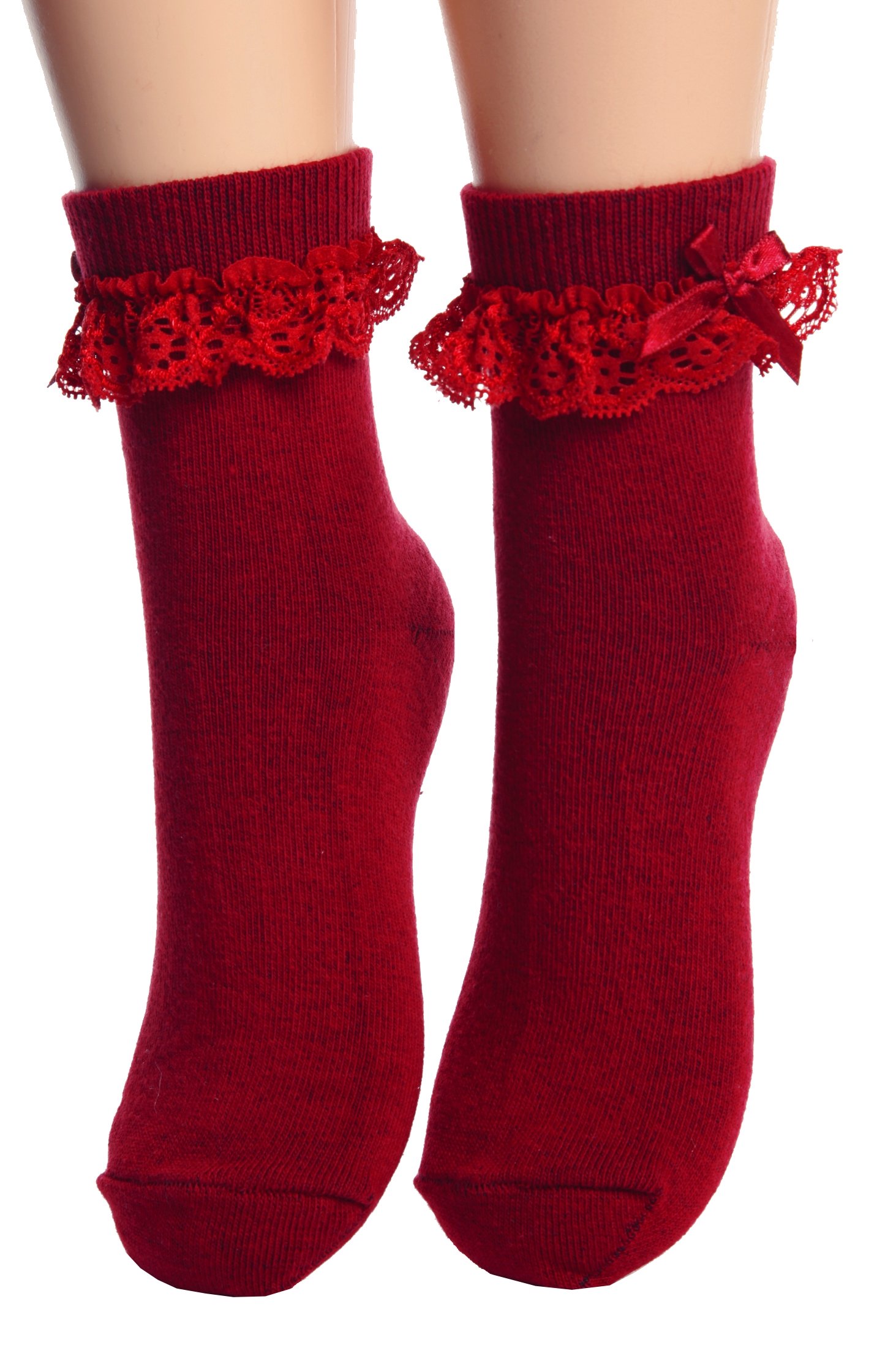 LUISA red cotton socks for children featuring lace and a bow, in vibrant bordeaux color.