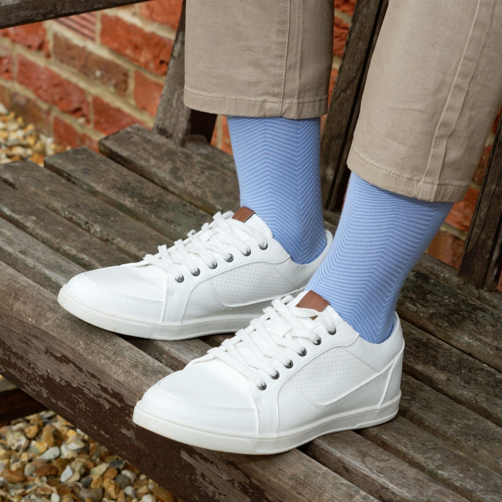 Lux Taylor Men's Socks in sky blue with white zigzag pattern and black heel and toe, showcasing luxury and style.