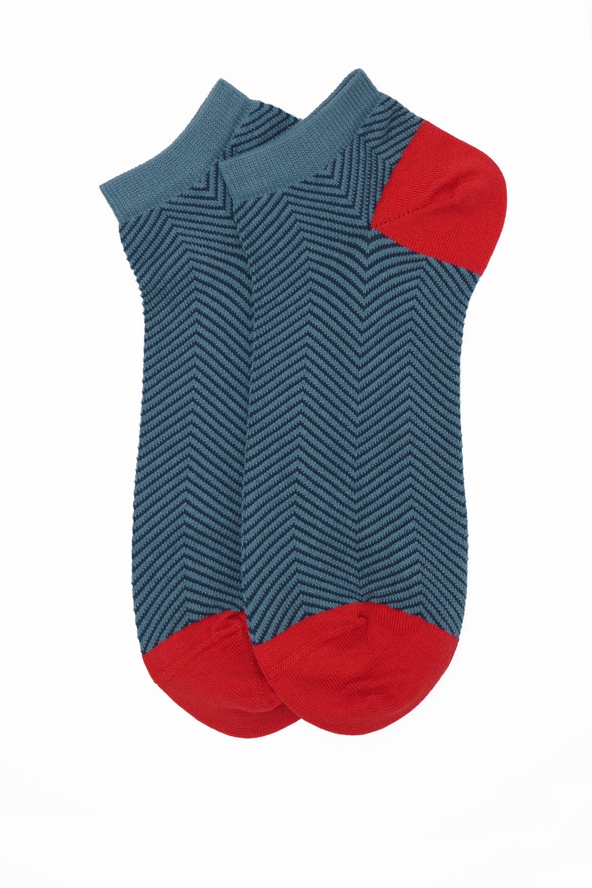 Lux Taylor Men's Trainer Socks in blue with navy zigzag pattern and red heel and toe, showcasing luxury and style.