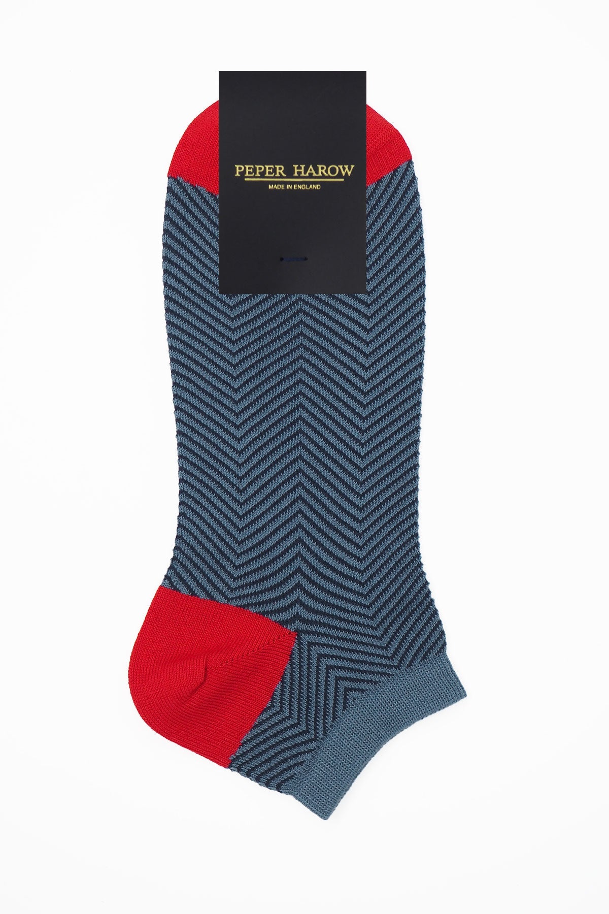 Lux Taylor Men's Trainer Socks in blue with navy zigzag pattern and red heel and toe, showcasing luxury and style.