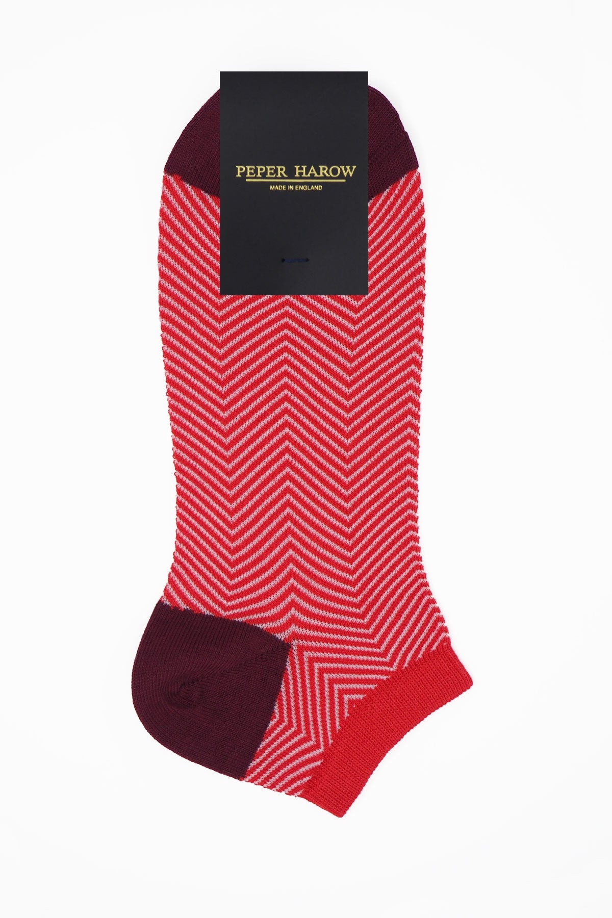 Lux Taylor Men's Trainer Socks in red with white zigzag pattern and maroon heel and toe, showcasing luxury and style.