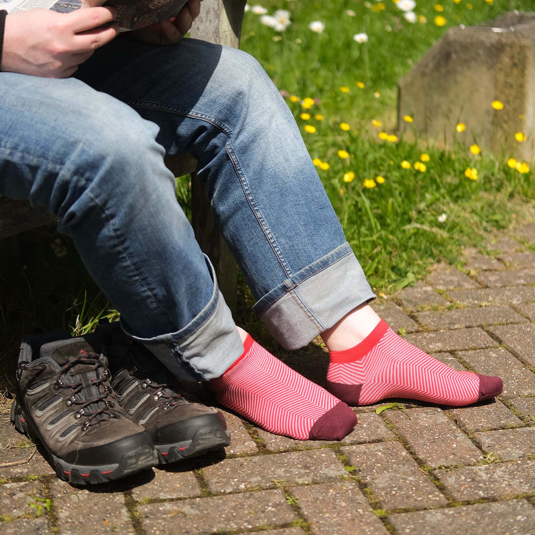 Lux Taylor Men's Trainer Socks in red with white zigzag pattern and maroon heel and toe, showcasing luxury and style.