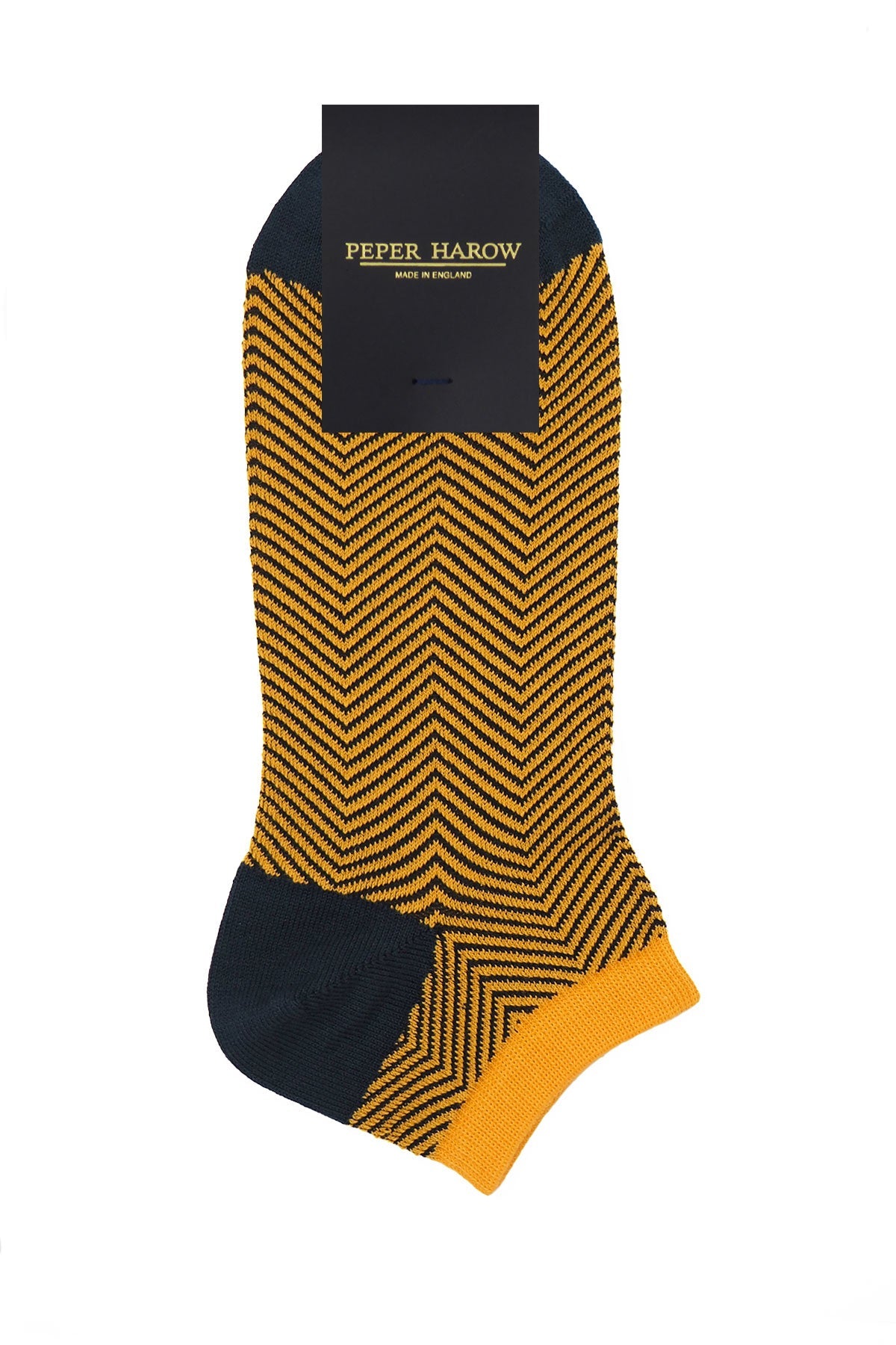 Lux Taylor Men's Trainer Socks in yellow with black zigzag pattern and navy heel and toe, showcasing luxury and style.