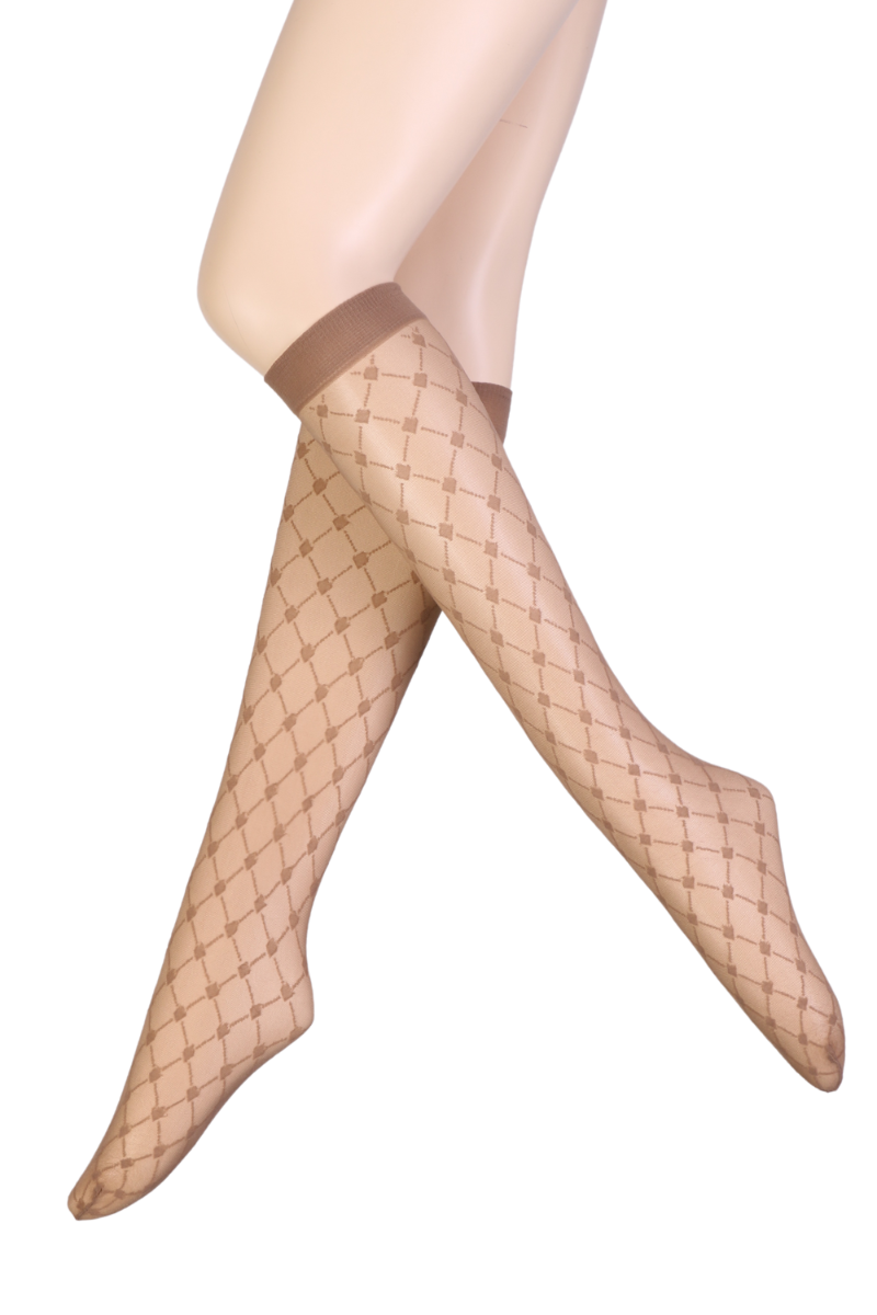 MADRAS sheer beige patterned knee-highs featuring an elegant square design and rubber edge for secure fit.