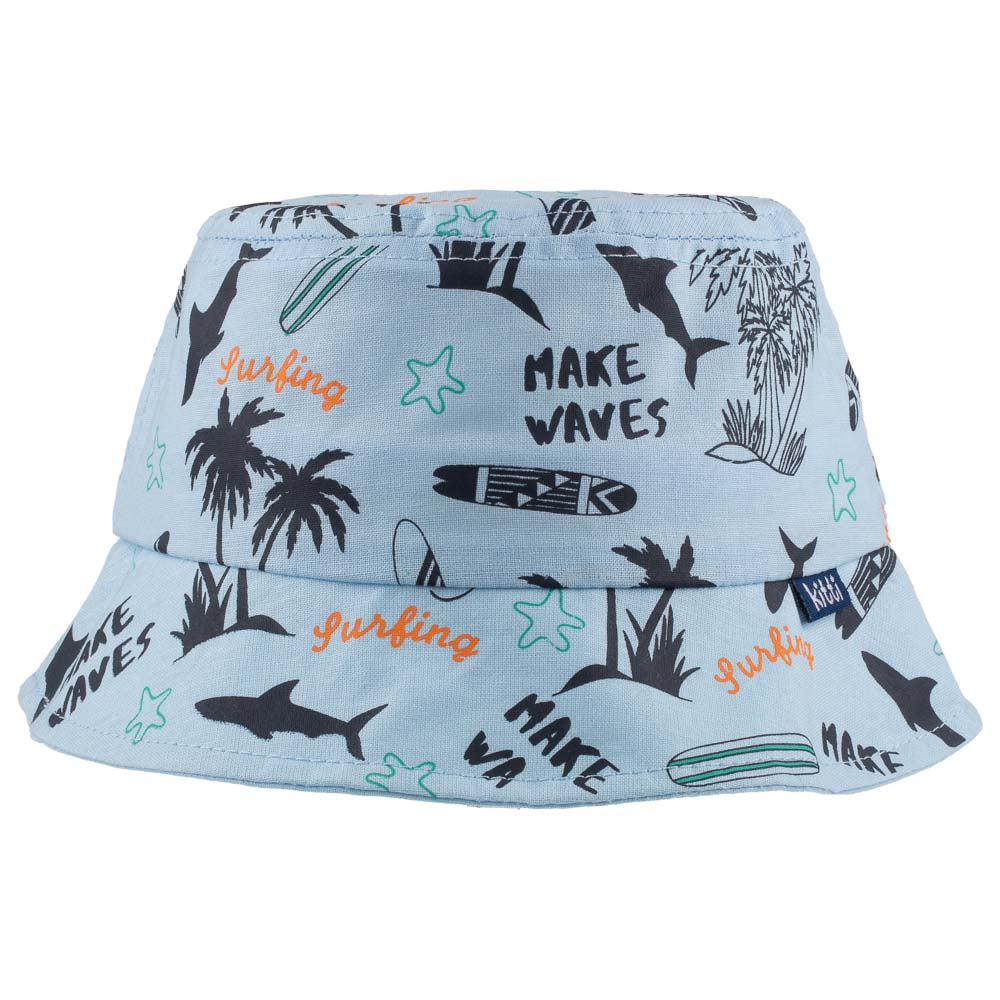 Grey baby fedora hat with beach and palm trees print, designed for toddlers aged 1-3 years, perfect for outdoor activities.