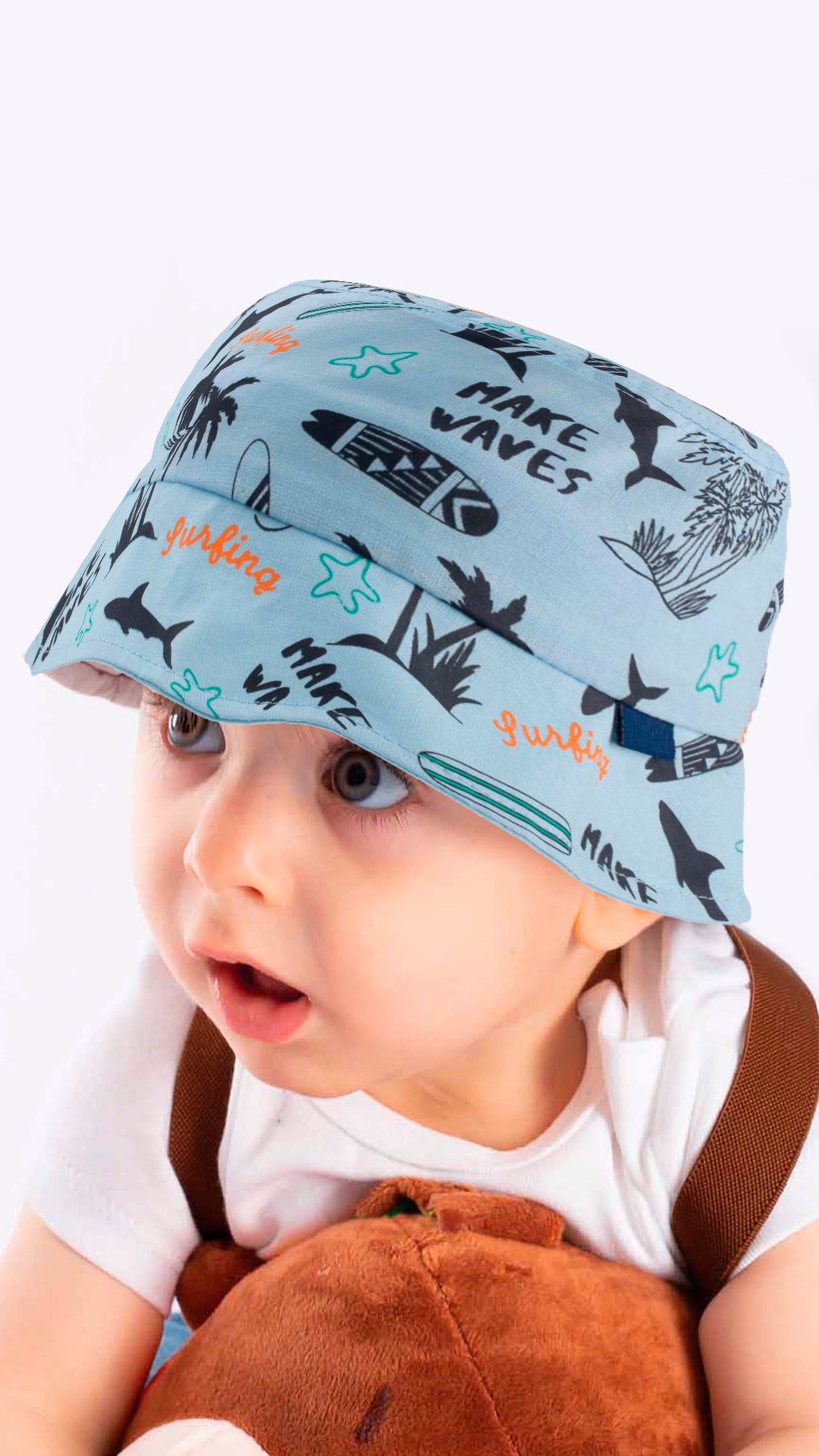 Grey baby fedora hat with beach and palm trees print, designed for toddlers aged 1-3 years, perfect for outdoor activities.