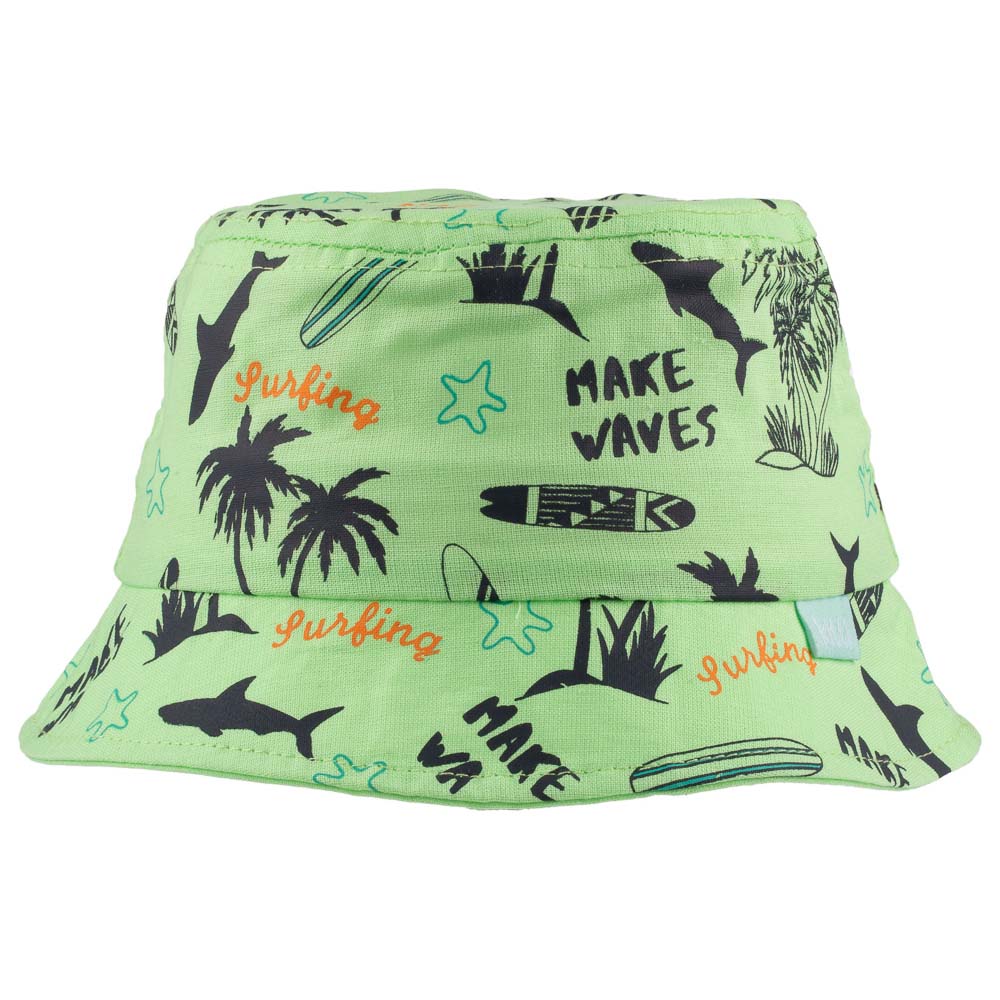 Grey baby fedora hat with beach and palm trees print, designed for toddlers aged 1-3 years, perfect for outdoor activities.