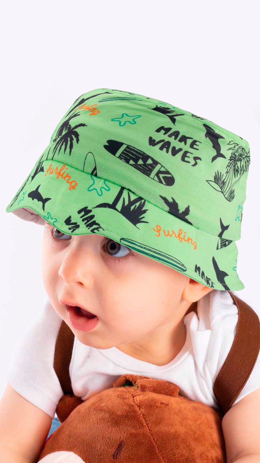 Grey baby fedora hat with beach and palm trees print, designed for toddlers aged 1-3 years, perfect for outdoor activities.