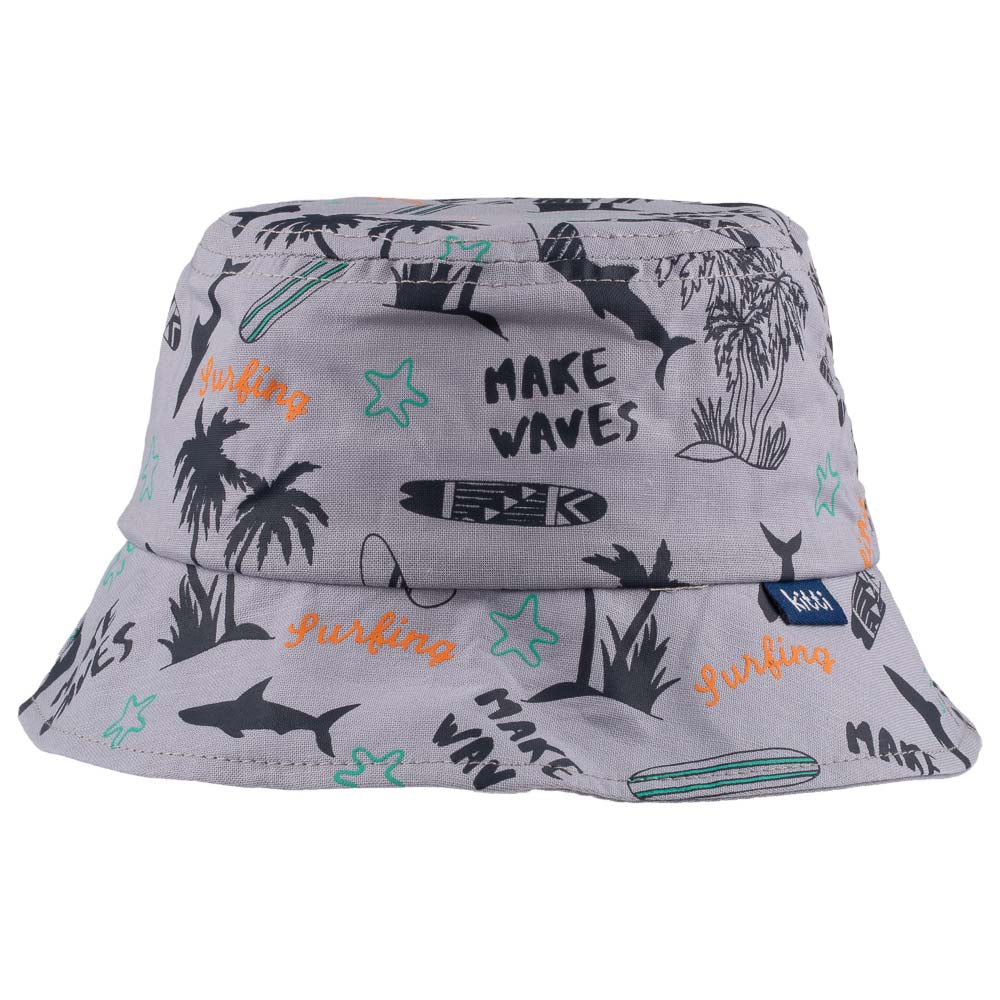 Grey baby fedora hat with beach and palm trees print, designed for toddlers aged 1-3 years, perfect for outdoor activities.