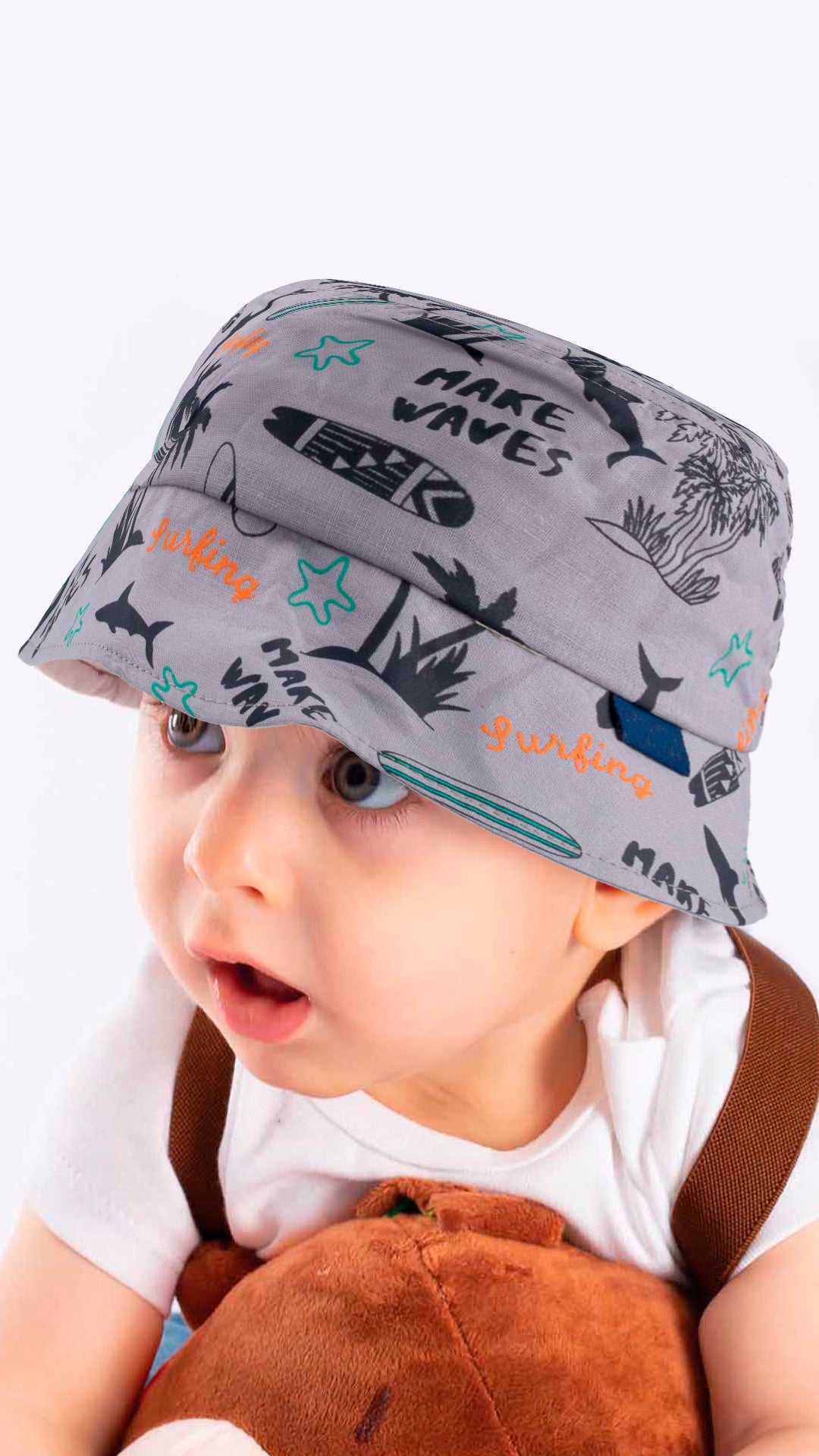 Grey baby fedora hat with beach and palm trees print, designed for toddlers aged 1-3 years, perfect for outdoor activities.