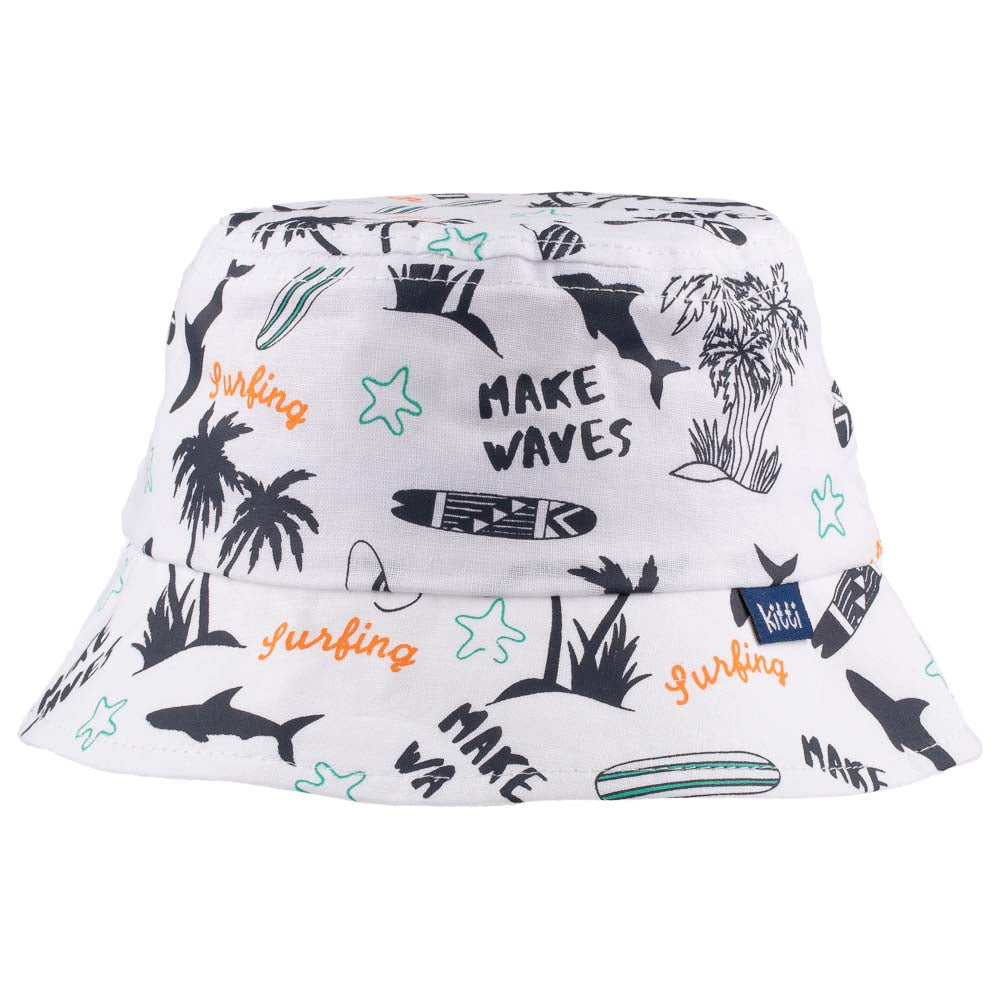 Grey baby fedora hat with beach and palm trees print, designed for toddlers aged 1-3 years, perfect for outdoor activities.