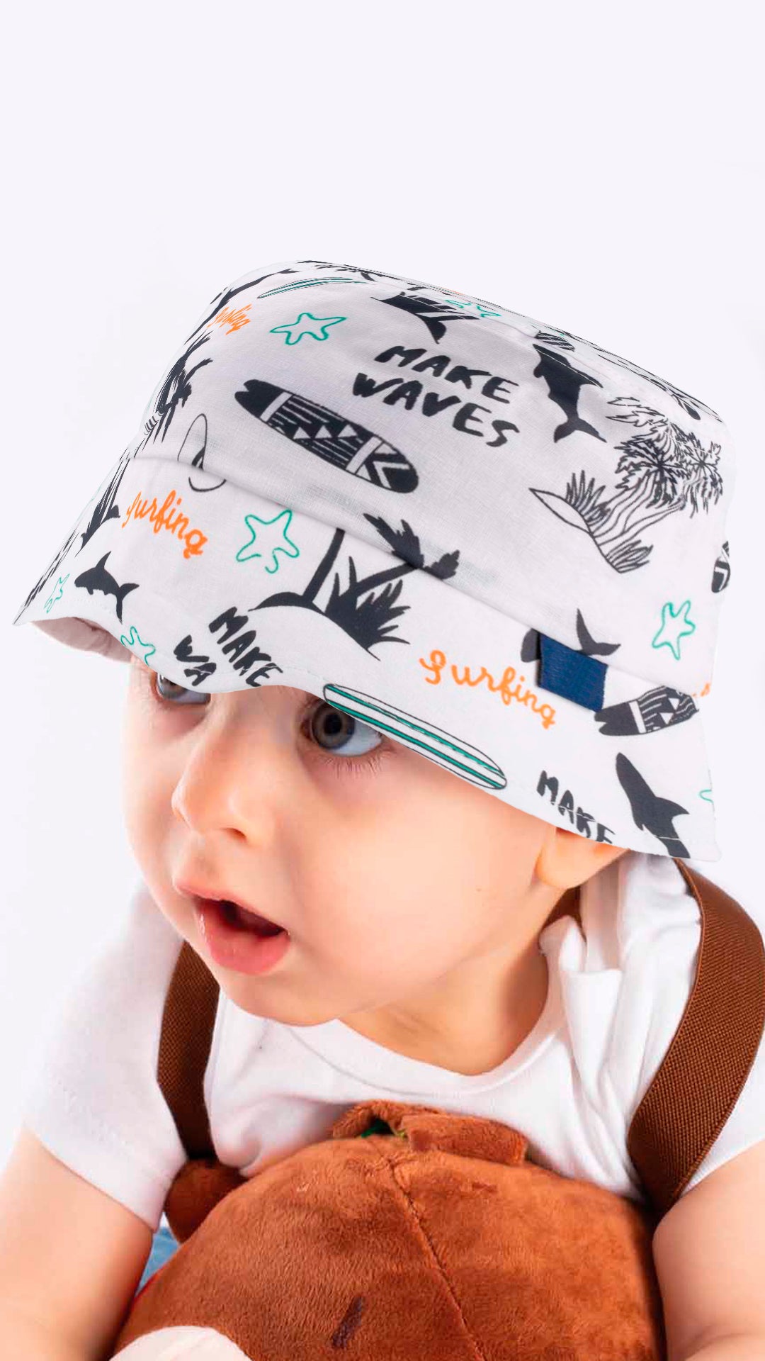 Grey baby fedora hat with beach and palm trees print, designed for toddlers aged 1-3 years, perfect for outdoor activities.