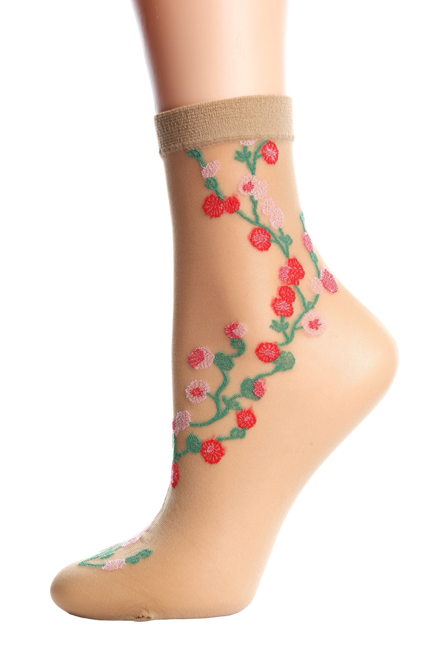 MARISSA sheer beige socks for women with floral pattern, showcasing elegance and comfort.