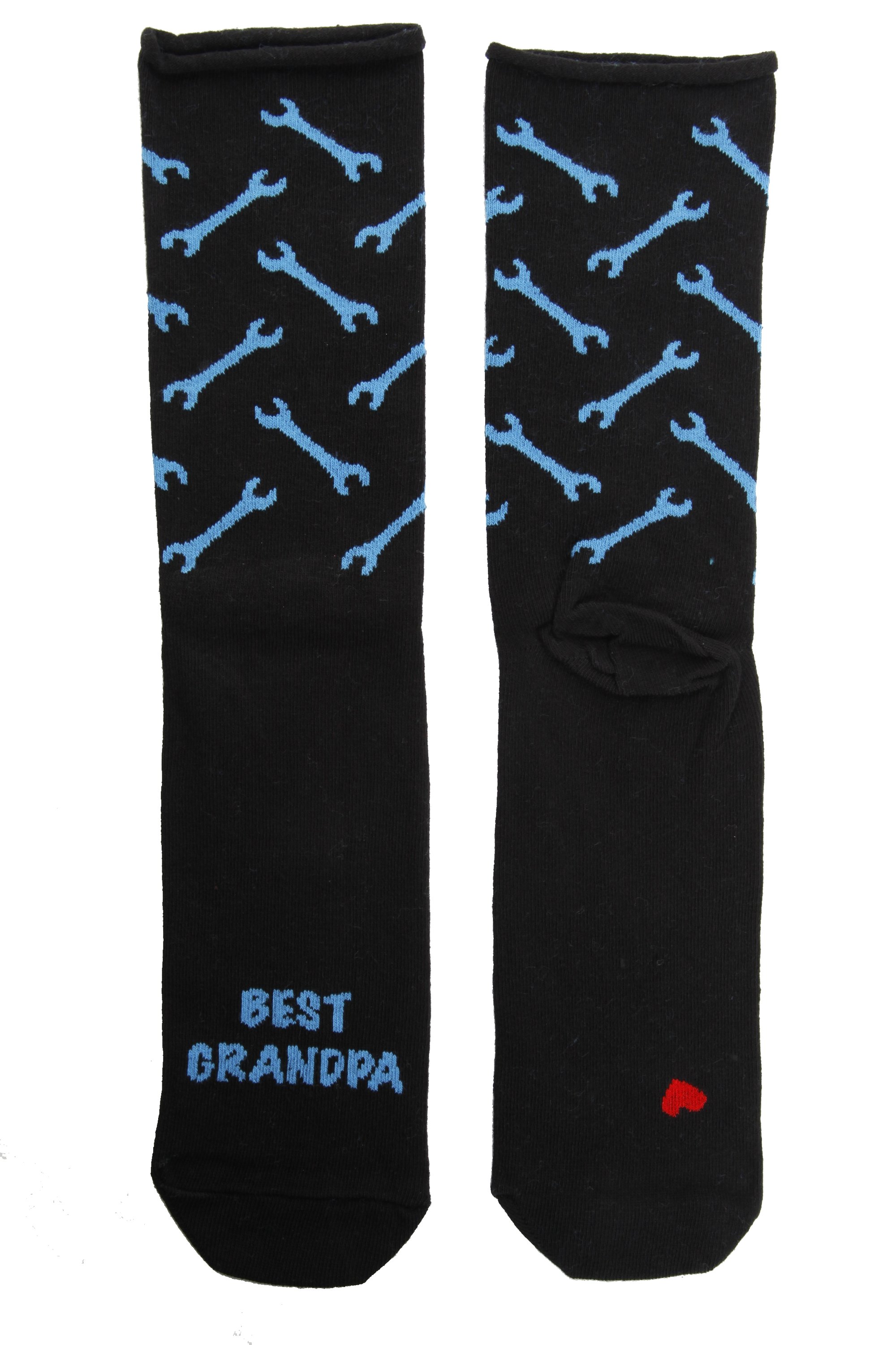 MATTI black socks for men featuring 'BEST GRANDPA' text and blue wrench knit pattern, perfect gift for grandfathers.