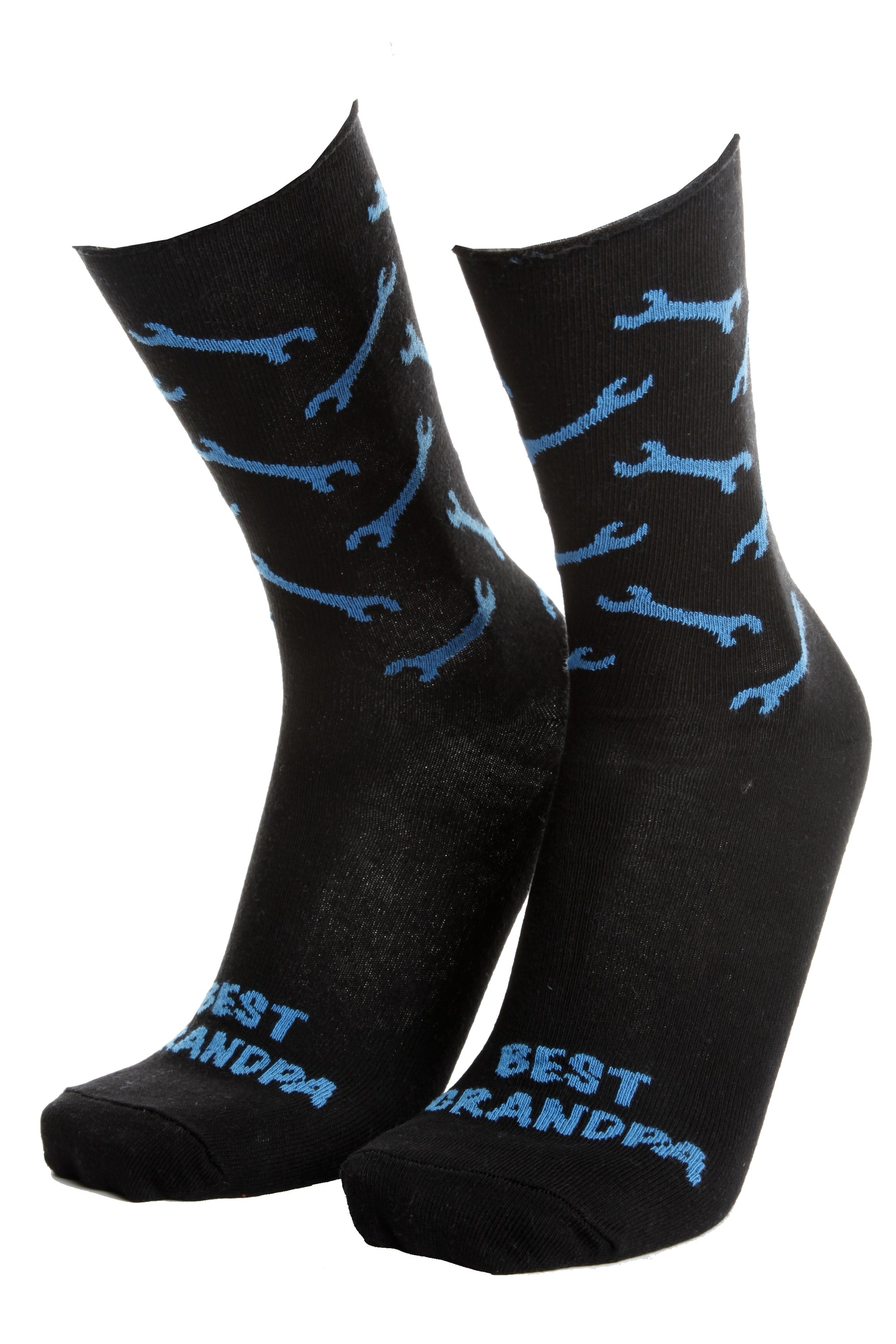 MATTI black socks for men featuring 'BEST GRANDPA' text and blue wrench knit pattern, perfect gift for grandfathers.