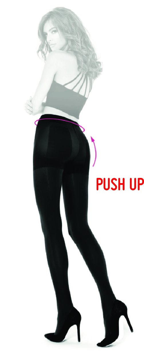 A pair of black MICRO PUSH UP 50 DEN tights for women, showcasing their stretchy fabric and shaping design.