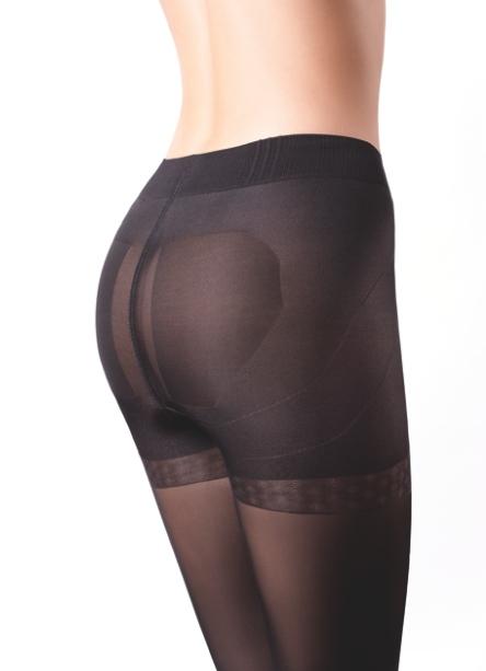 A pair of black MICRO PUSH UP 50 DEN tights for women, showcasing their stretchy fabric and shaping design.