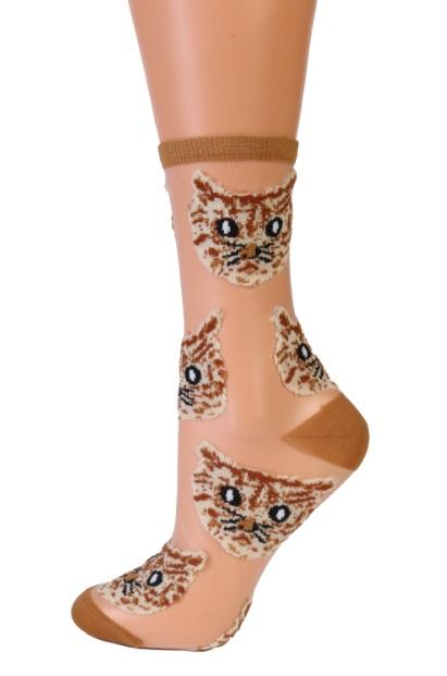 Light brown sheer socks featuring playful cat patterns, perfect for women.