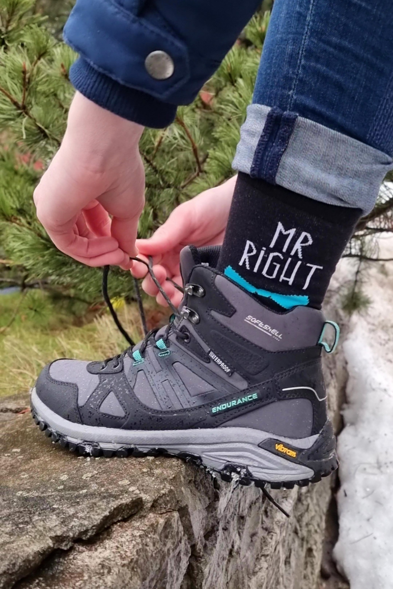 Mr RIGHT antibacterial sock featuring silver thread, black color with blue tie and 'Mr Right' text, and a tiny red heart under the sole.