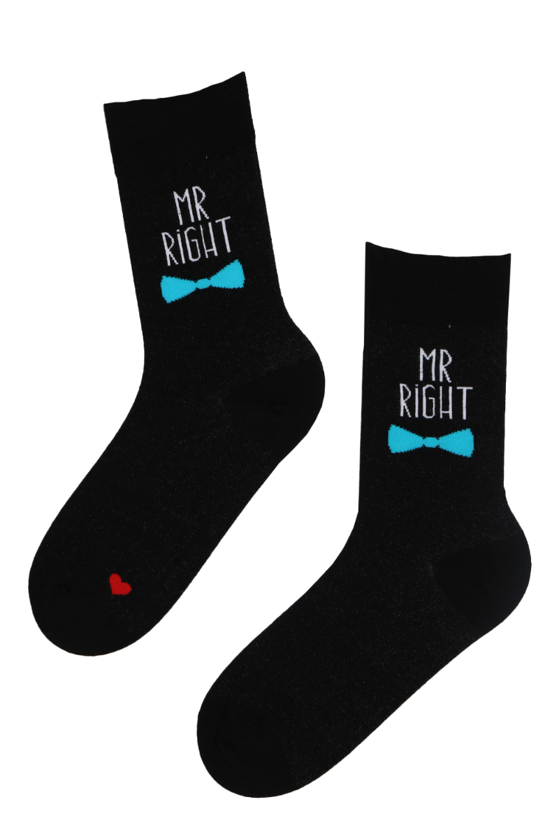 Mr RIGHT antibacterial sock featuring silver thread, black color with blue tie and 'Mr Right' text, and a tiny red heart under the sole.