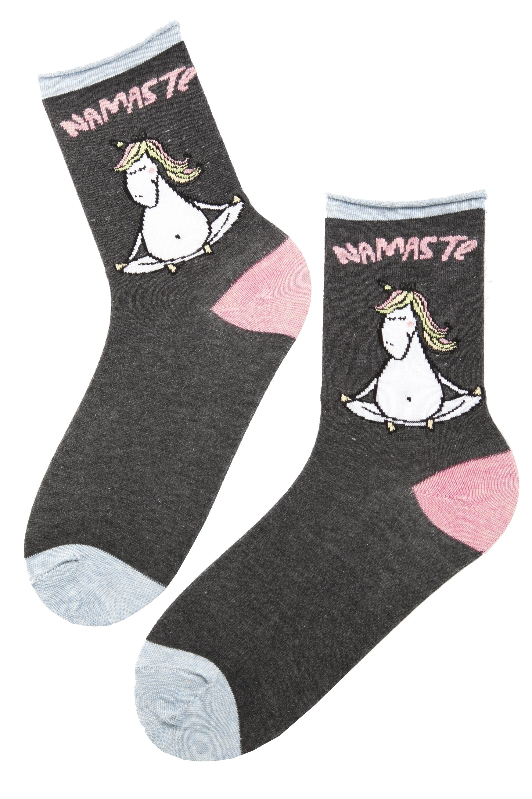 NAMASTE dark grey cotton socks for women featuring a unicorn design and comfortable non-compressing edge.