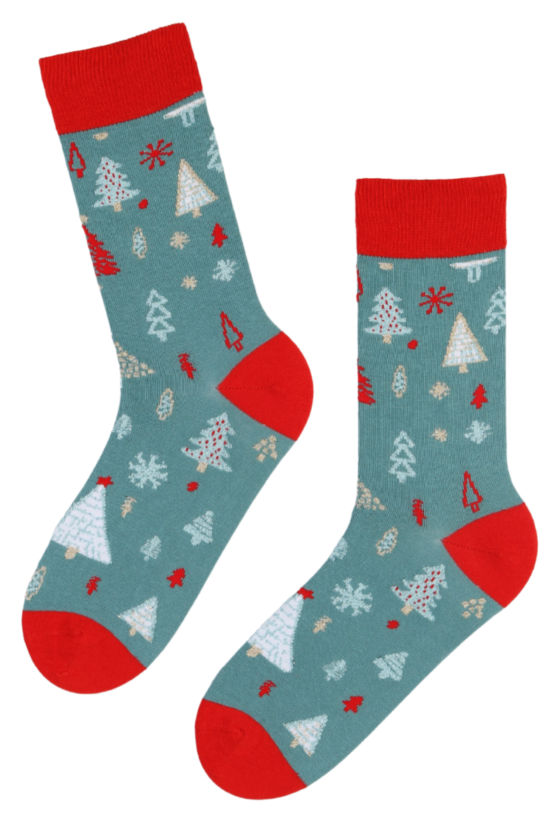 NICOLAS cotton socks featuring a fir tree design in blue and red colors, showcasing shiny threads for added elegance.