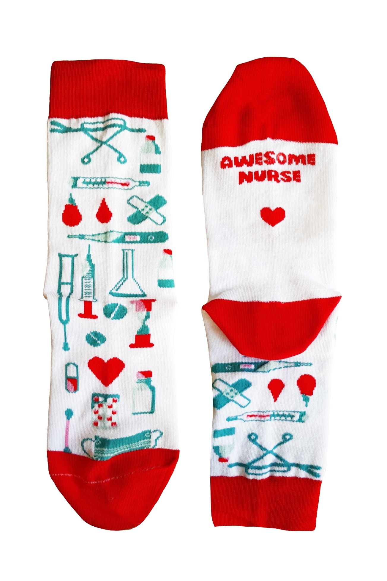 A pair of white cotton socks with 'Awesome nurse ♥' printed on the sole, designed for medical professionals.