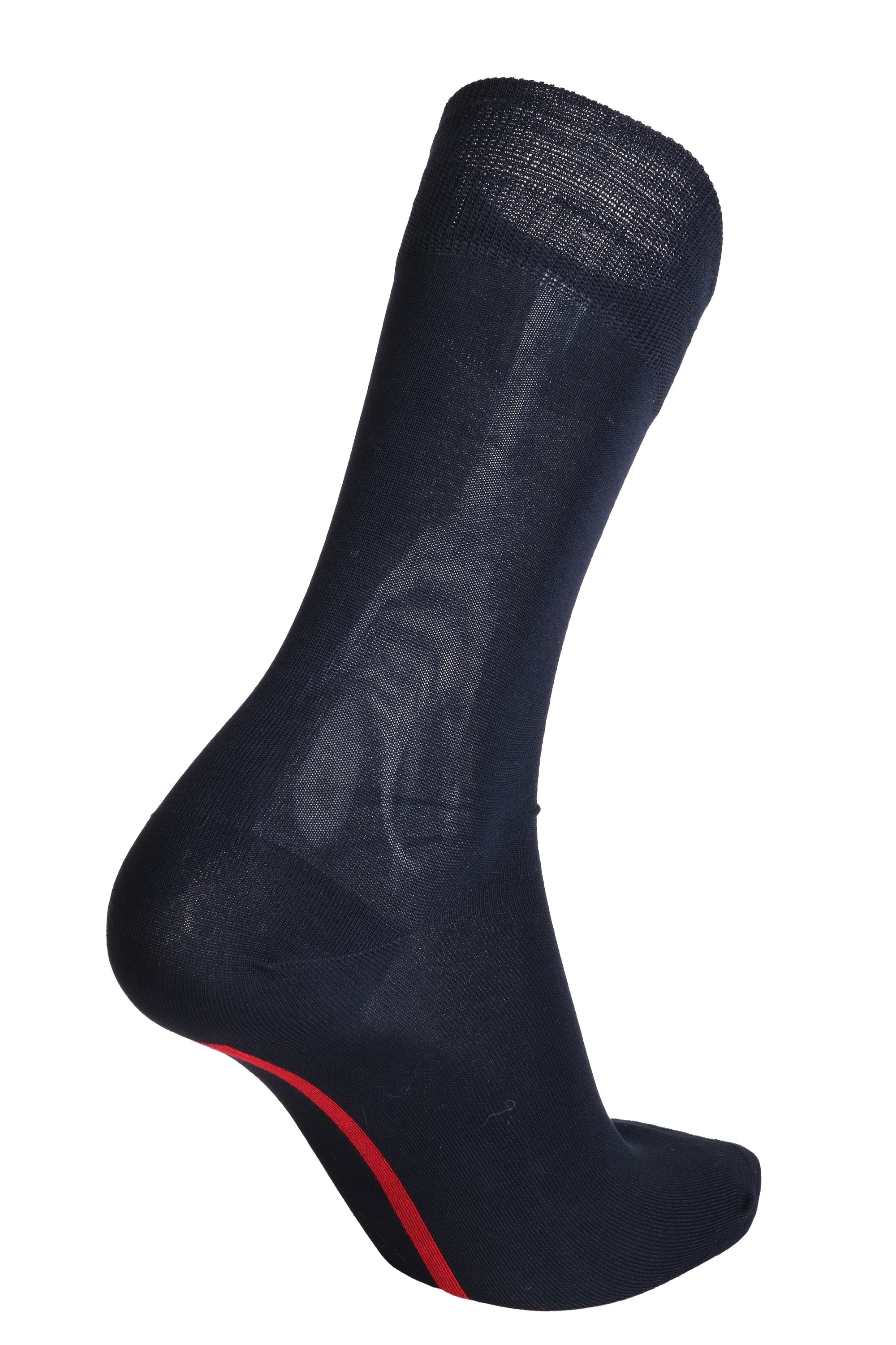 OLIVER dark blue dress socks featuring a bold red stripe, showcasing their elegant design and high-quality fabric.